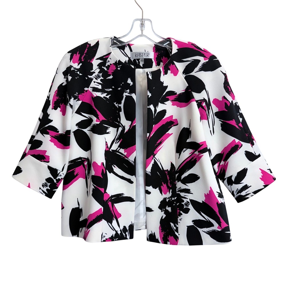Kasper Womens Size 4 Abstract Open Front Jacket Pink Black White 3/4 Sleeve